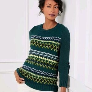NWOT Talbots Green Diamond Fair Isle Crewneck Sweater S
